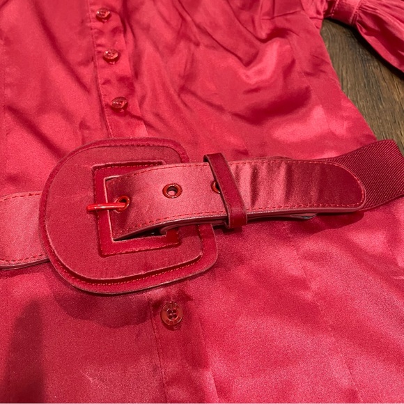 Bebe Red Silk Sexy Button-Up Blouse Puff Sleeves S Pinup Retro Romantic Glam NWT - Picture 5 of 8